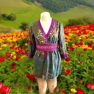 Johnny Was garden party silk print embroidered tunic length top XS